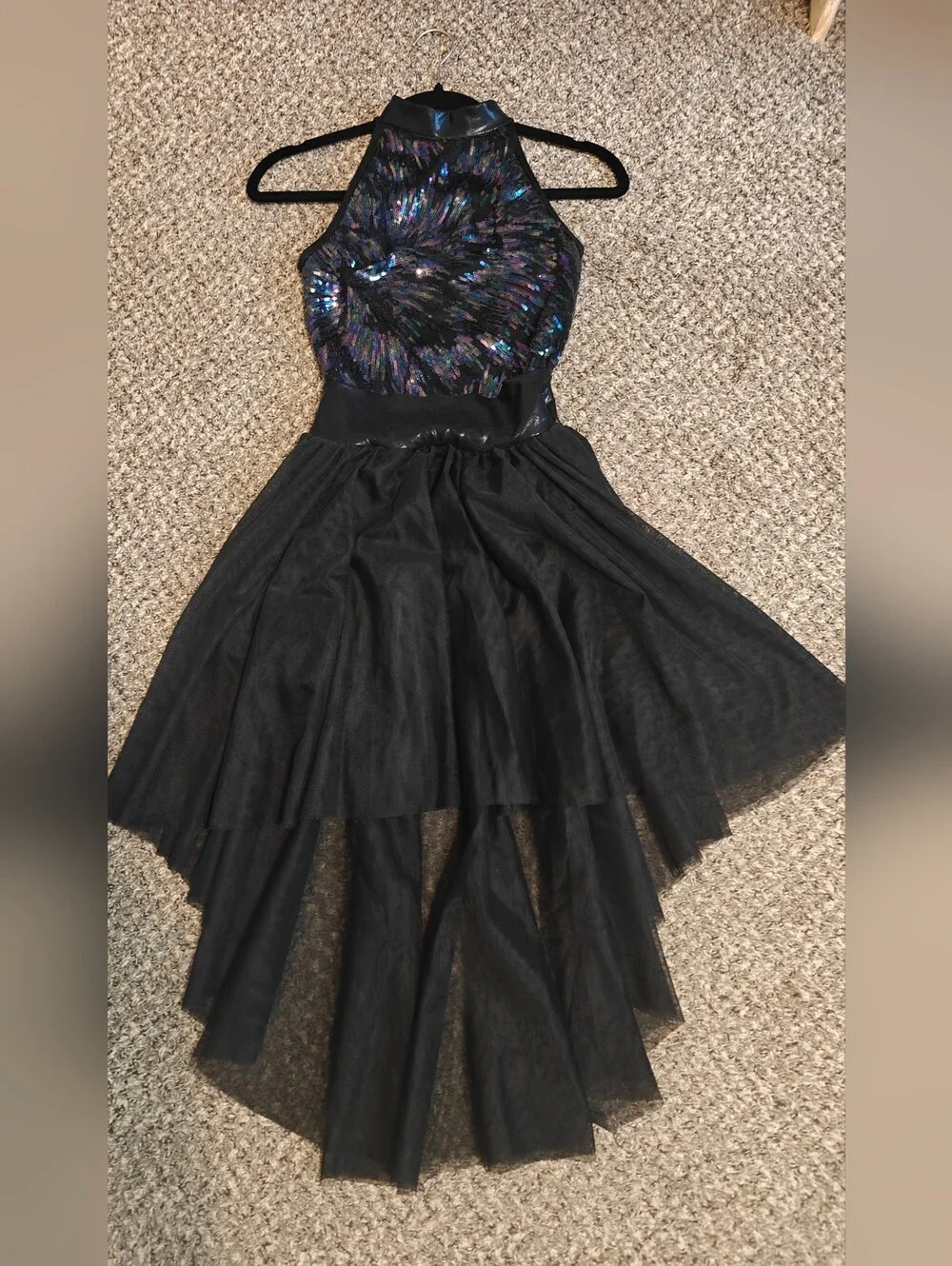 Teen Dance Costume Sz.XLC Sequined Asymmetrical Double Skirt Dress Black Rainbow